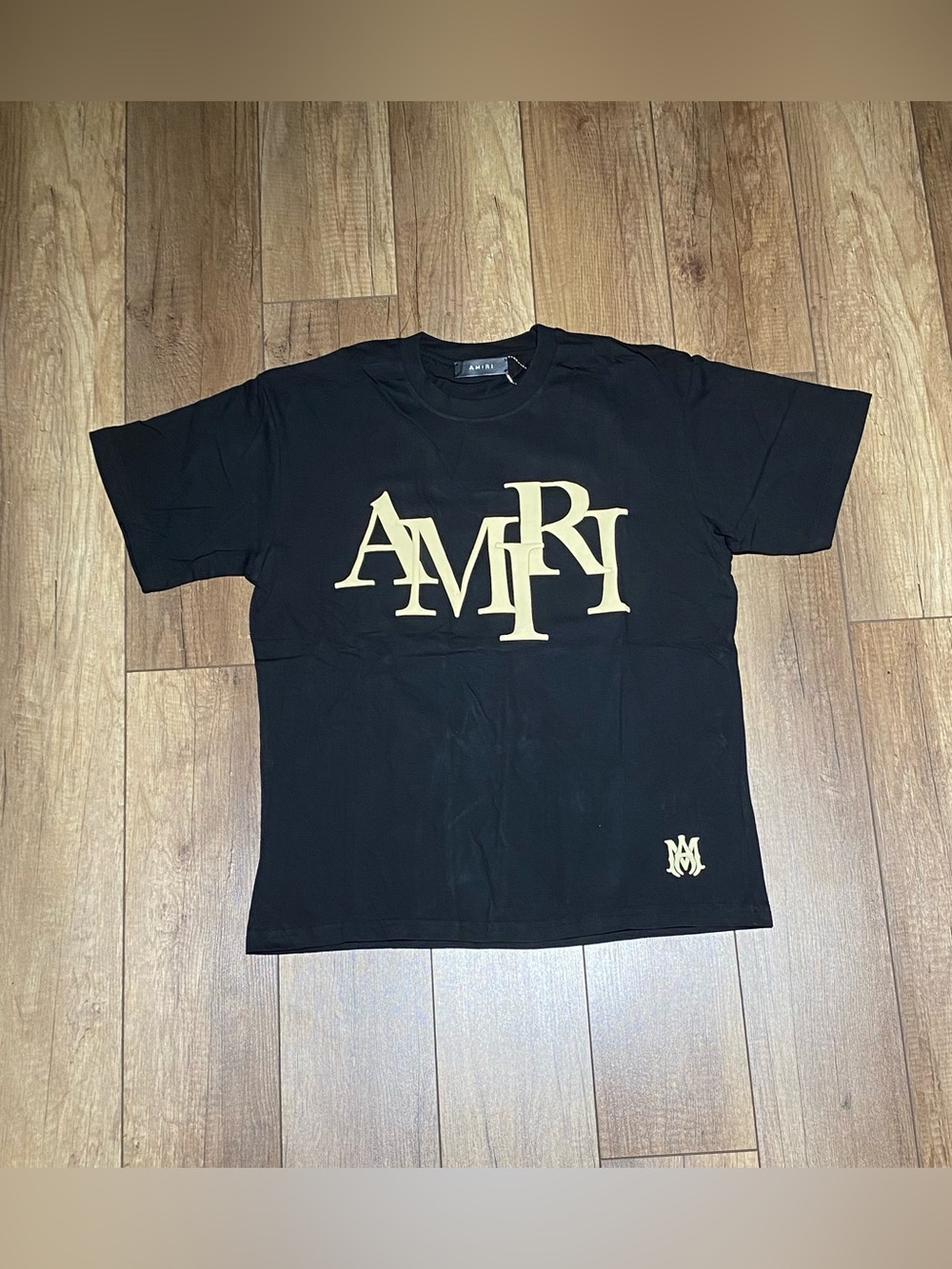 Amiri Mens Black Plain Logo Tee Shirt Cream Logo Brand New Mens Small
